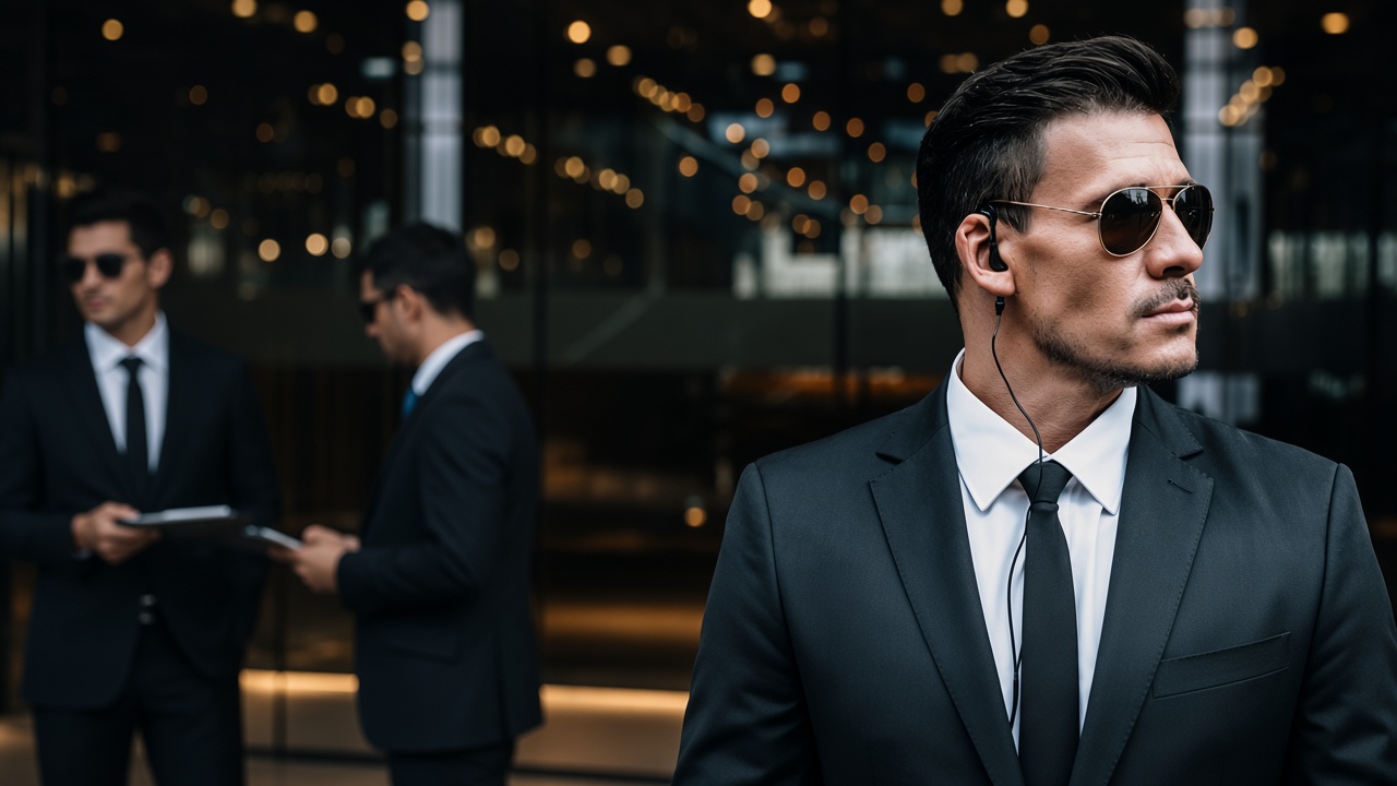 VIP bodyguard in suit with earpiece at night
