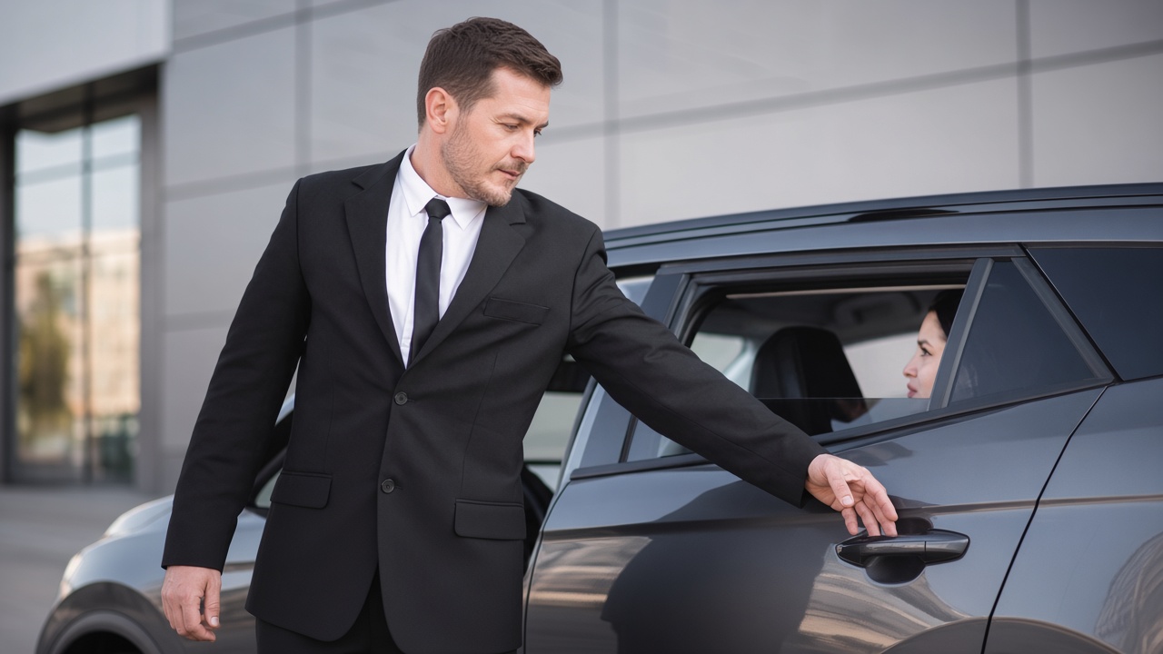 Executive chauffeur opening luxury vehicle for VIP client