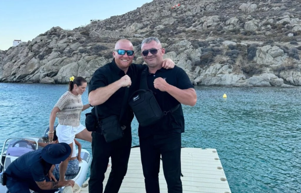 Michail Varsamis and security team on a coastal assignment in Mykonos